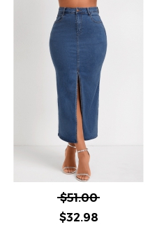 Denim Blue Button Fly Split Bodycon Skirt