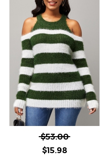 Stripe Print Cold Shoulder Long Sleeve Round Neck Sweater