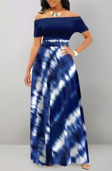 Tie Dye Print Patchwork Navy Short Sleeve Maxi Dress