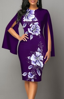 Floral Print Split Purple Long Sleeve Bodycon Dress