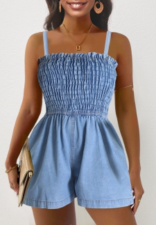 Smocked Denim Blue Short Square Neck Strappy Romper