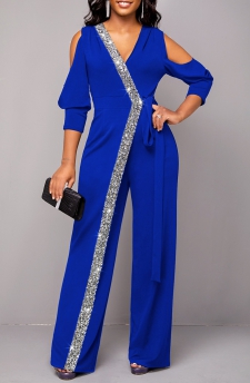 Royal Blue Sequin V Neck Jumpsuit