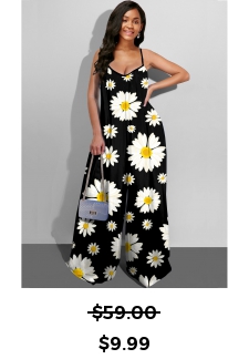 Spaghetti Strap Wide Leg Daisy Print Jumpsuit