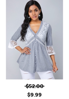 Button Up Flare Cuff Lace Panel T Shirt