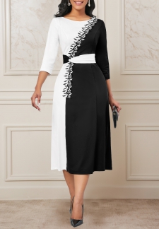 Patchwork Three Quarter Length Sleeve Black Dress