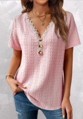Pink V Neck Short Sleeve Twisted T Shirt