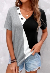 Button V Neck Grey Short Sleeve T Shirt