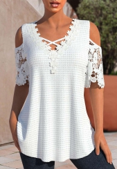 Lace White V Neck Cold Shoulder T Shirt