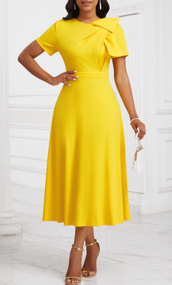 Zipper Yellow Short Sleeve Asymmetrical Neck Dress