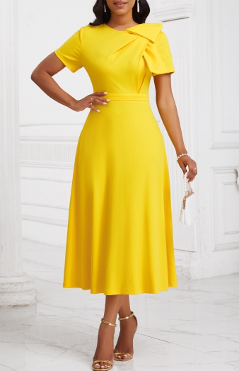 Zipper Yellow Short Sleeve Asymmetrical Neck Dress