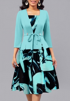 Floral Print Fake 2in1 Mint Green 3/4 Sleeve Dress
