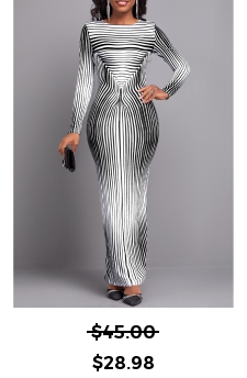 Striped Black Long Sleeve Round Neck Maxi Bodycon Dress