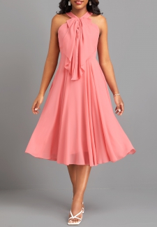 V Neck Bowknot Dusty Pink Sleeveless Dress