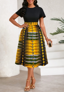 Chevron Print Patchwork Black Short Sleeve Round Neck Dress