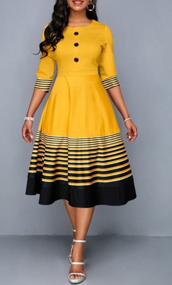 Striped Patchwork Yellow Half Sleeve Round Neck Dress