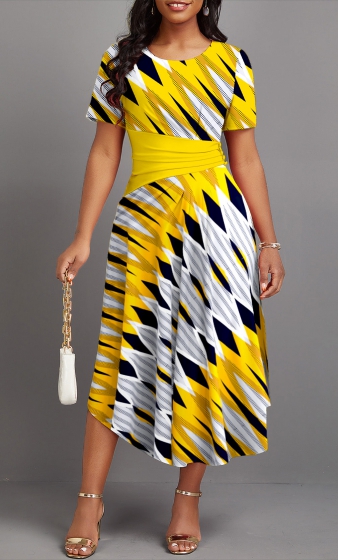 Argyle Print Patchwork Multi Color Short Sleeve Dress