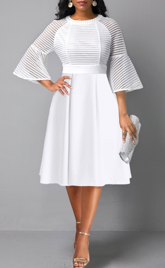 Three Quarter Length Sleeve Mesh White Round Neck Dress