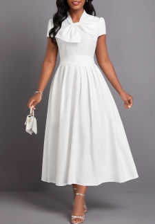 Bowknot White Short Sleeve Stand Collar Dress