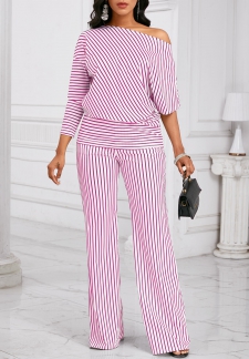 Striped Asymmetry Dark Reddish Purple Long Top and Pants