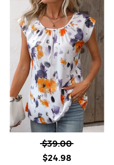 Floral Print Ruched Orange Round Neck Blouse