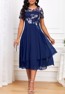 Embroidery Navy Short Sleeve Round Neck Dress
