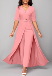Belted Pink Short Sleeve V Neck Jumpsuit