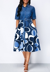 Geometric Print Circular Ring Belted Denim Blue Dress