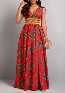 Tribal Print Patchwork Red Sleeveless V Neck Dress