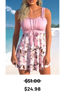 Floral Print Frill Pink Swimdress Top