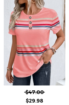 Pink Round Neck Short Sleeve Striped T Shirt